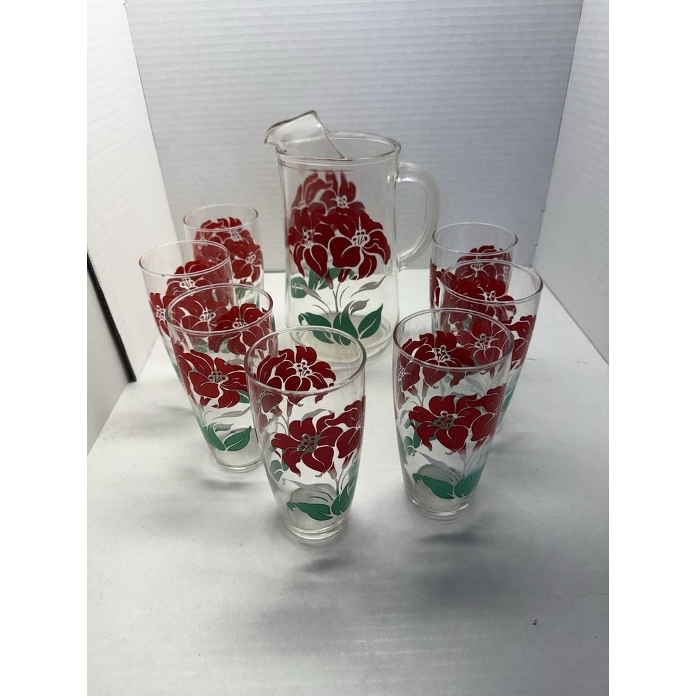 Mid Century Modern Glass Pitcher Set (7 Tumblers) Green White Red Flower